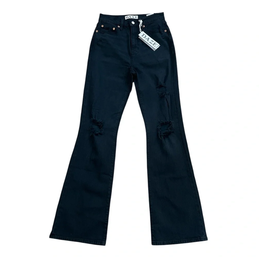 DAZE Women's Black Tough Love Distressed High Rise‎ Bootcut Jeans Size 26 NEW